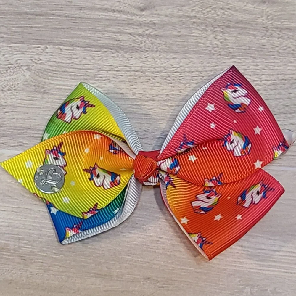 5 Girls Unicorn Ribbon Hair Bows Clips Set Rainbow Pattern Boutique Accessories